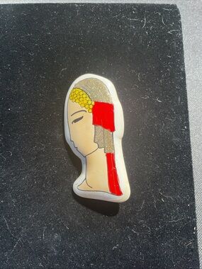 Vintage Brooch 1920’ women 2 3/4” x 1 1/4” red and glitter gold